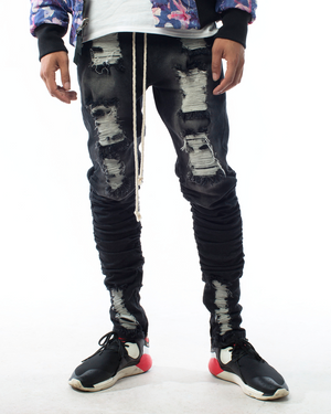 Distressed Patched Black Faded Salvaged Denim